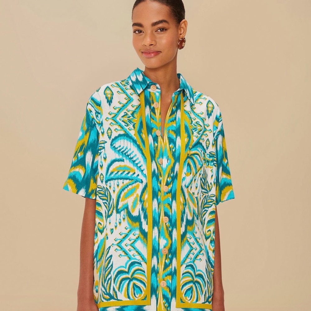 NWT Farm Rio Sand Tropical Tapestry Lenzing Ecovero Euroflax Shirt